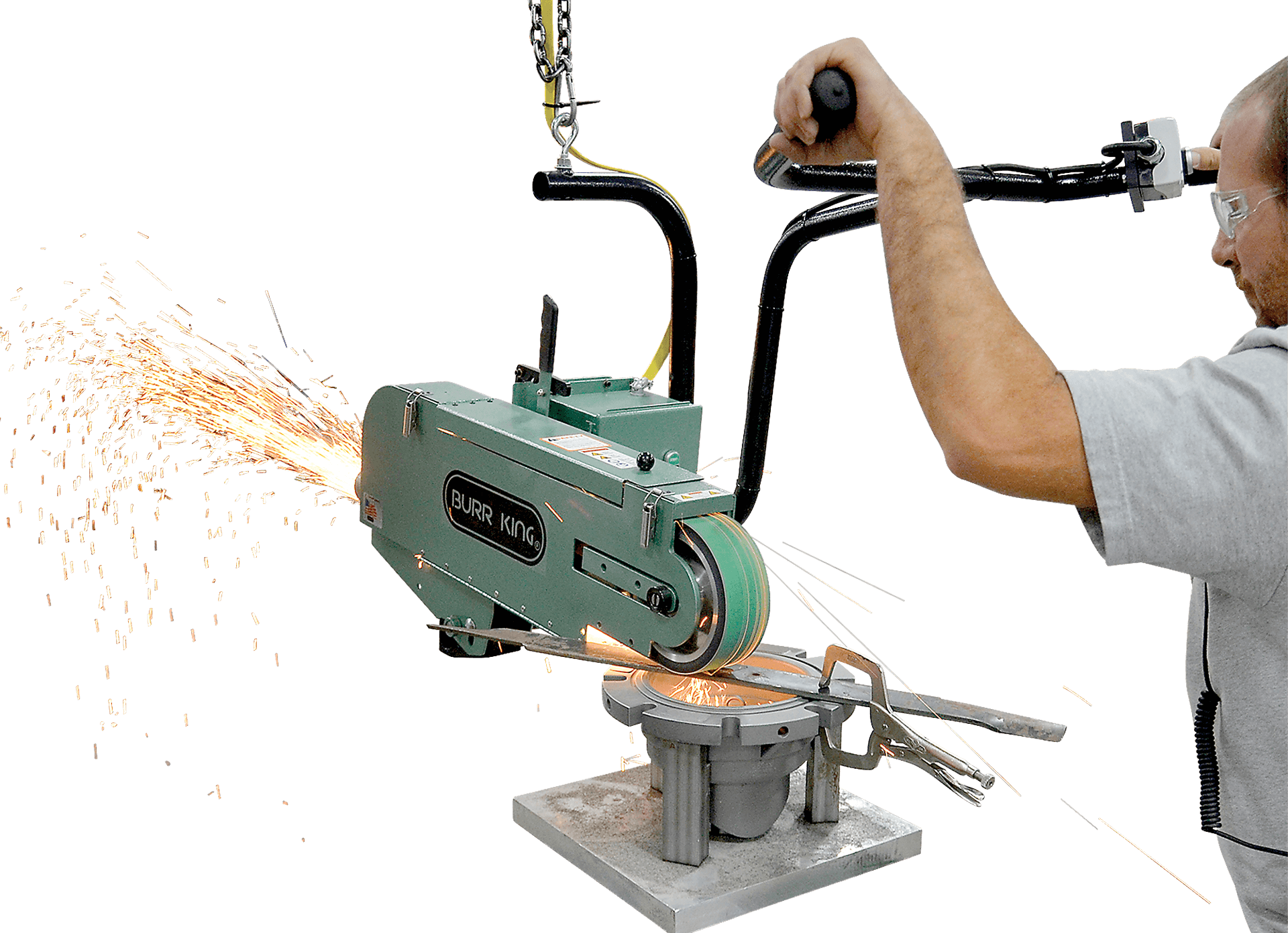 Part too heavy to take to the grinder?  Take the grinder to the part with the Burr King 979 Swing Grinder.  Contact us for the details.
